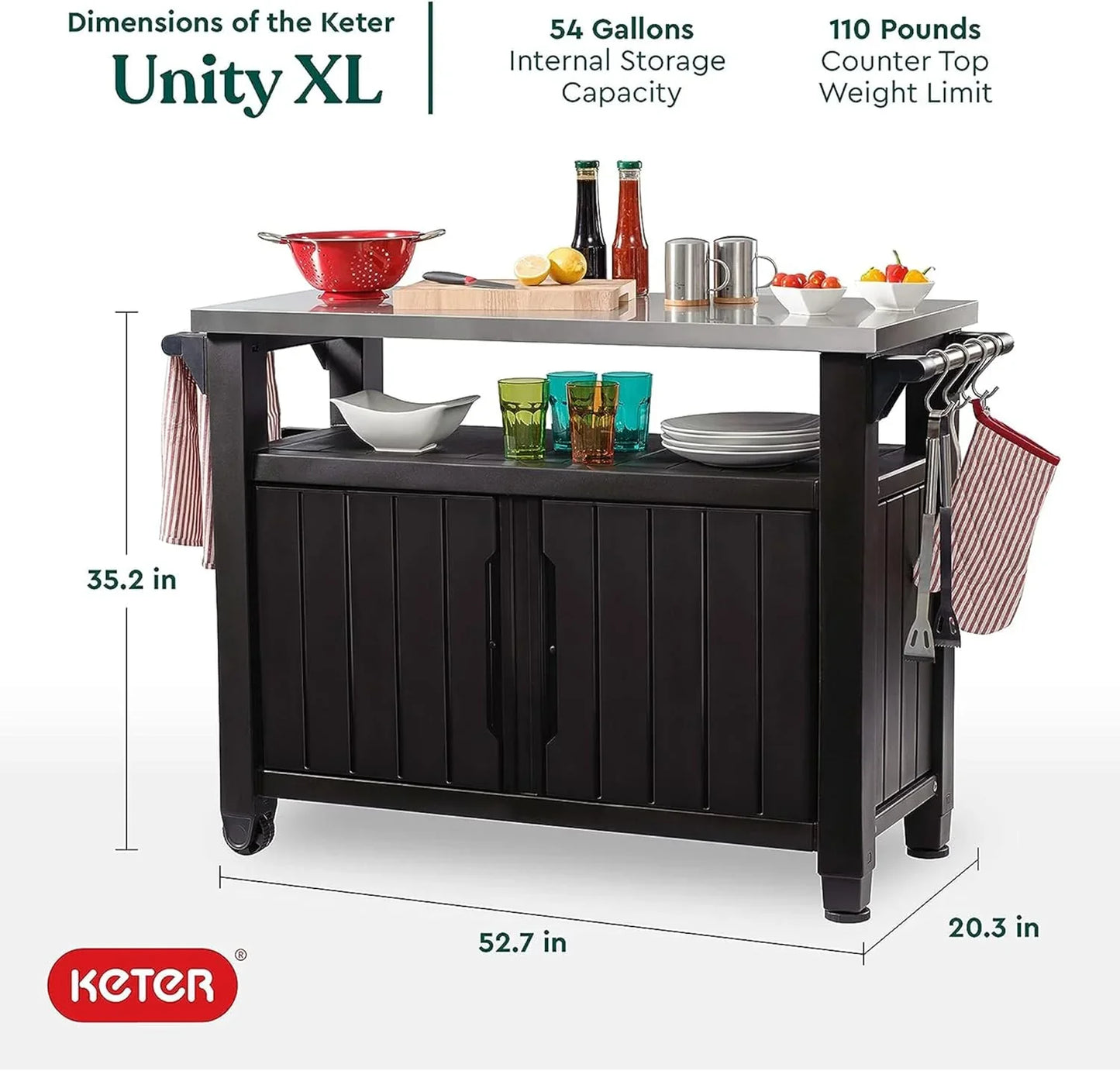 Keter Outdoor Rolling Table Cart for Food Prep, Storage, Bar & Grill, Dark Brown