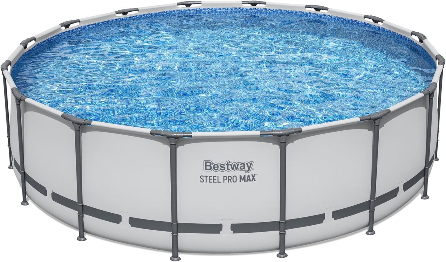 Steel Pro MAX 14 Foot x 48 Inch Round Metal Frame Above Ground Outdoor Swimming Pool Set with 1,000 Filter Pump, Ladder, and Cover, Gray