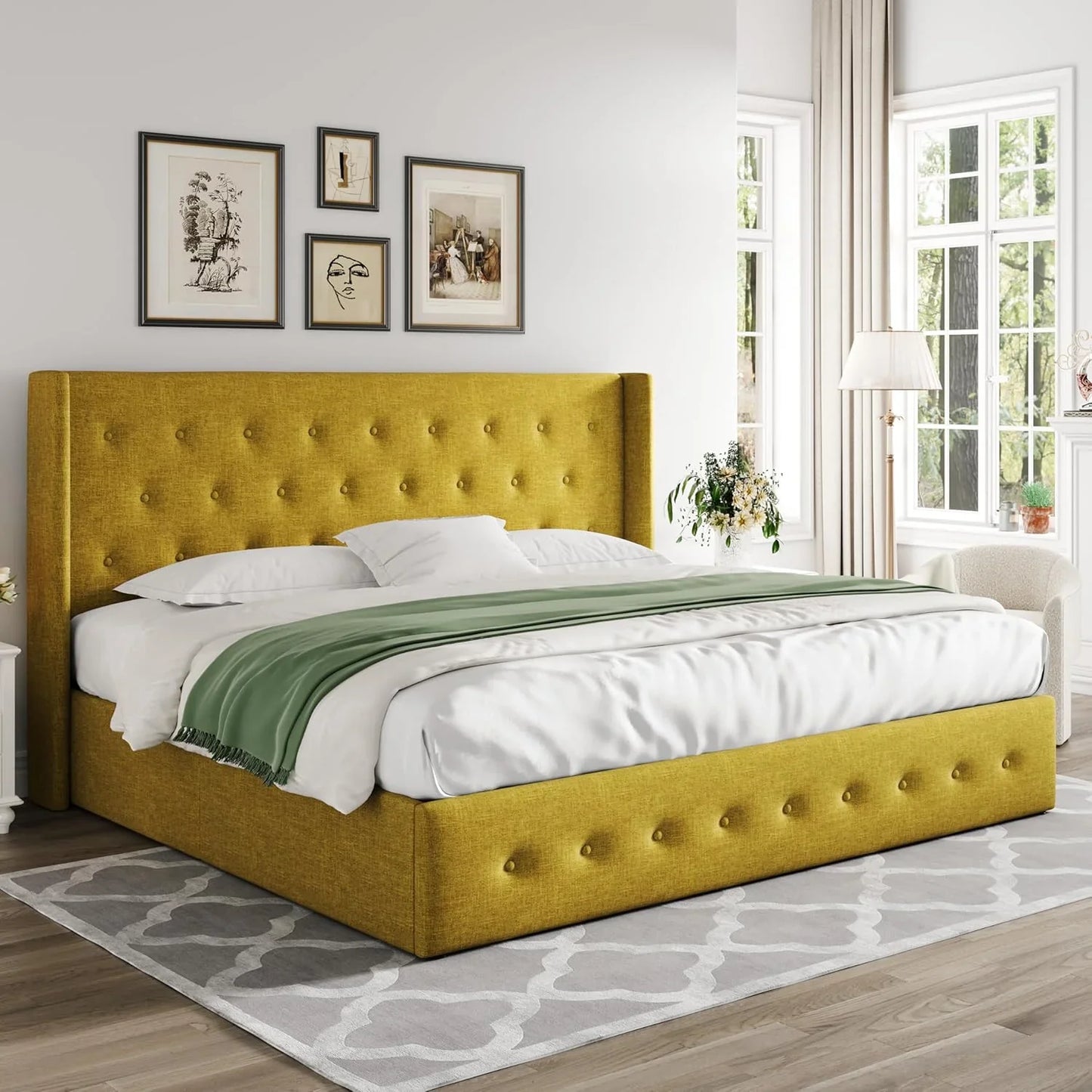 Allewie Queen Size Lift Up Storage Bed, Modern Wingback Headboard, Hydraulic Support, No Box Spring Needed, Light Beige