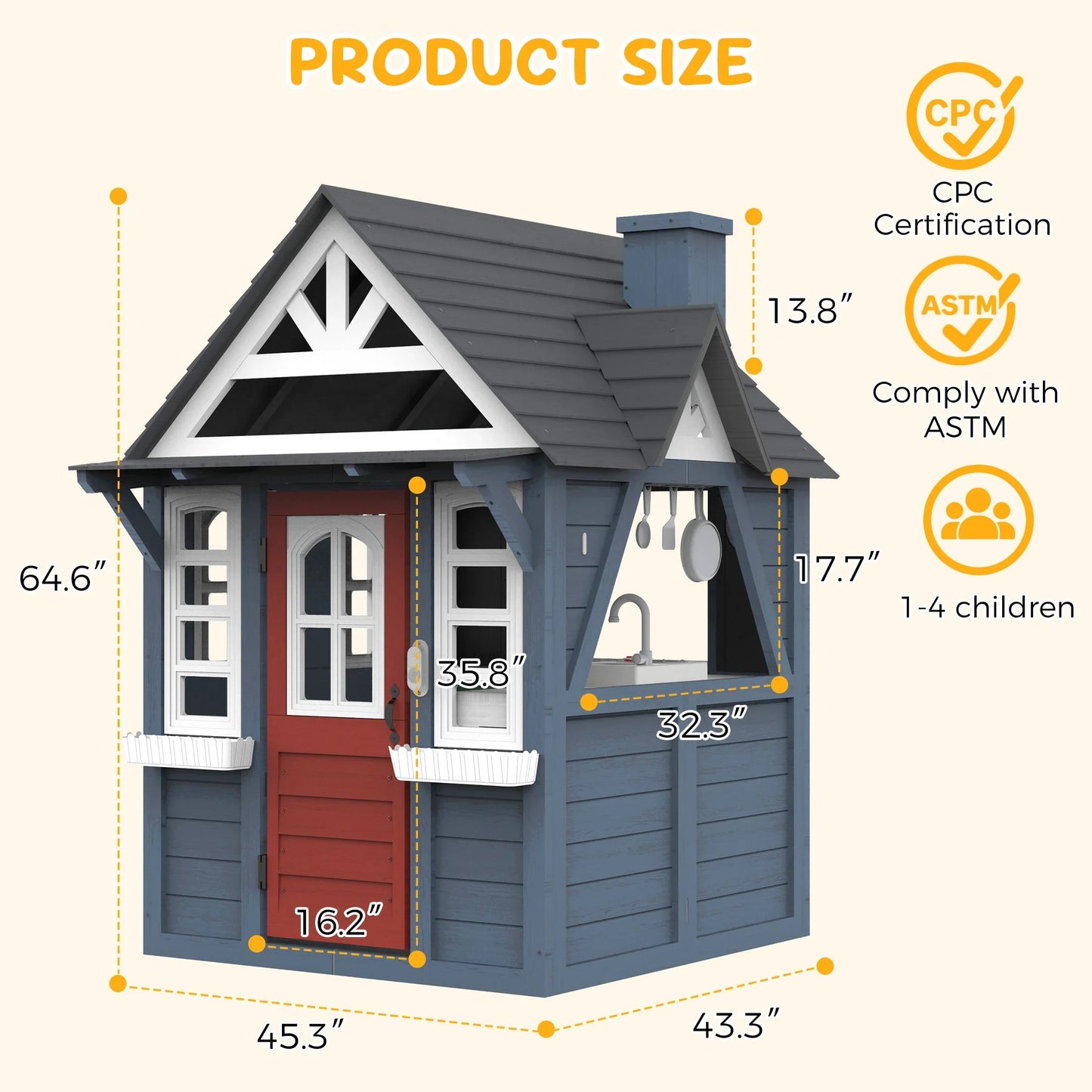 COCLUB Outdoor Playhouse for Kids Ages 4-8, Wooden Play House with Doorbell, Phone, Kitchen Toys, Outdoor Kids Play Equipment, Casa Para Ni?as (45L x 65H), White & Black