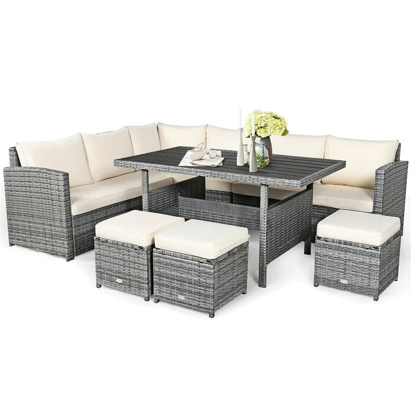 7 Pcs Rattan Patio Dining Furniture Sectional Sofa Set with Dining Table, Ottomans & Cushions