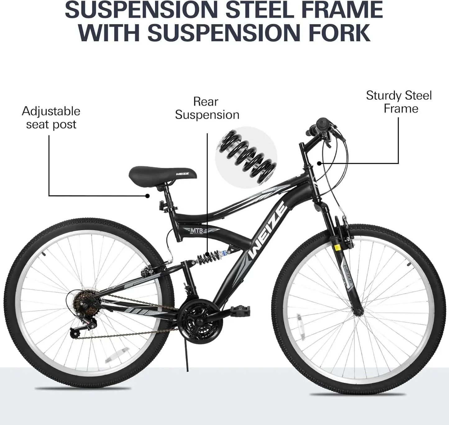 WEIZE Mountain Bike 26 27.5 inch Outdoor Hybrid Bikes 18-Speed High-Carbon Steel Full Suspension