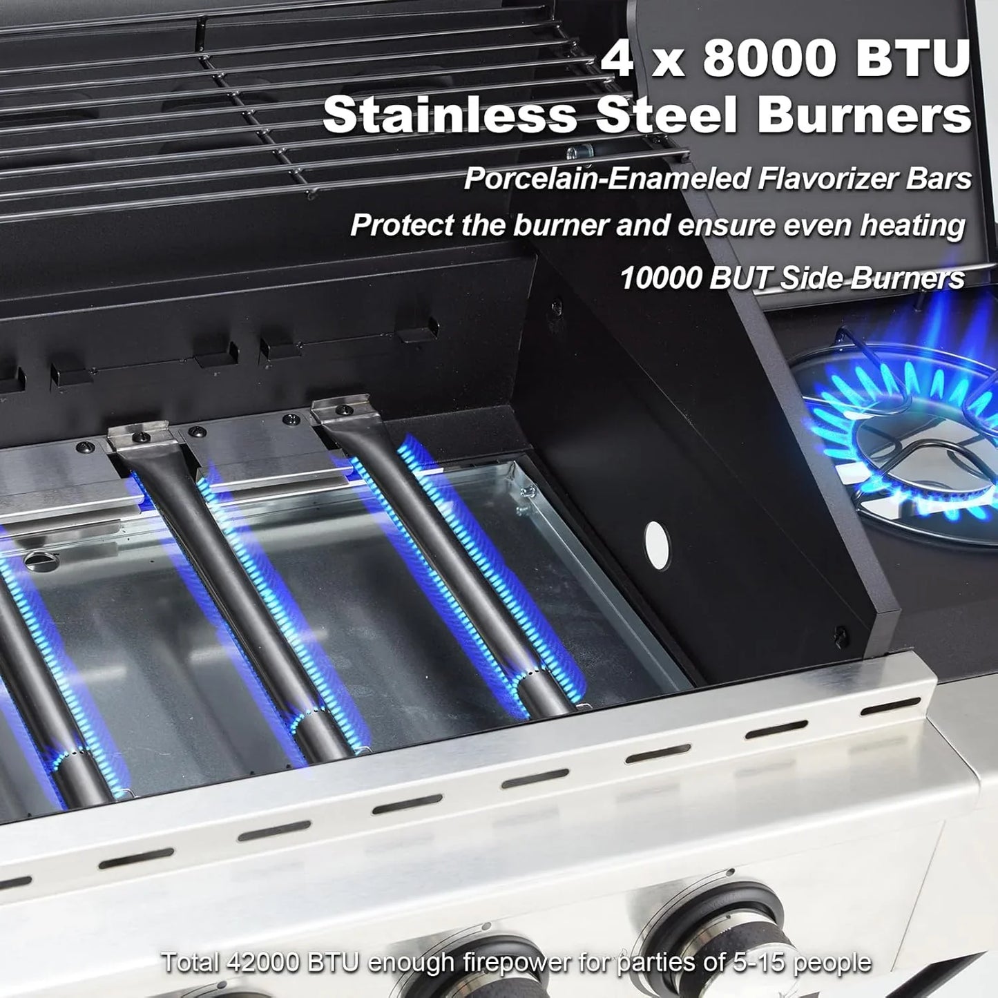 Upgraded 4 Burner BBQ Propane Gas Grill with Cast Iron Grates & Side Stove, 44,000 BTU Stainless Steel Burner Barbecue Grill for Patio, Camping, Outdoor Cooking MELLCOM