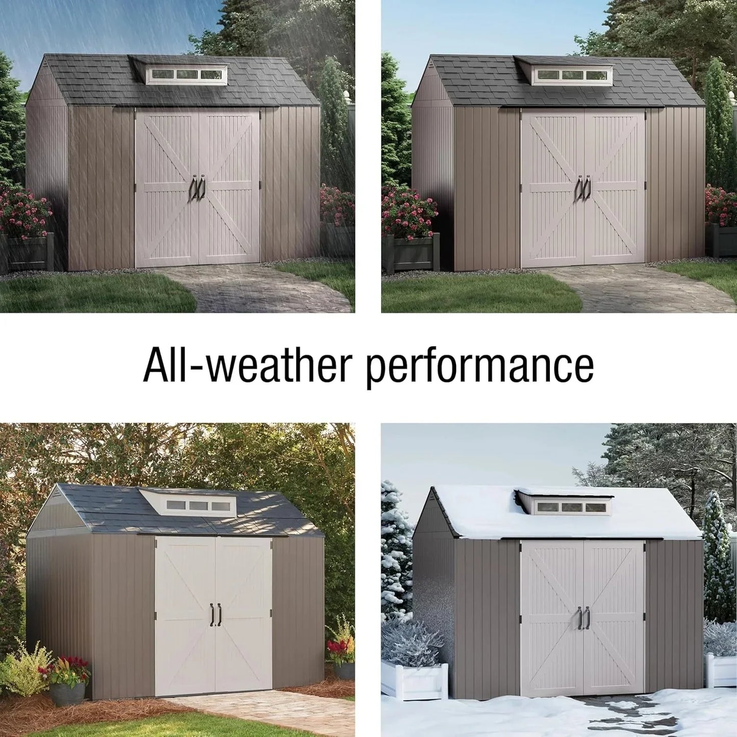 Rubbermaid resin garden shed with floor (2.13 x 2.13 m), weatherproof, grey, for storing garden tools, lawnmowers, bicycles and pool accessories