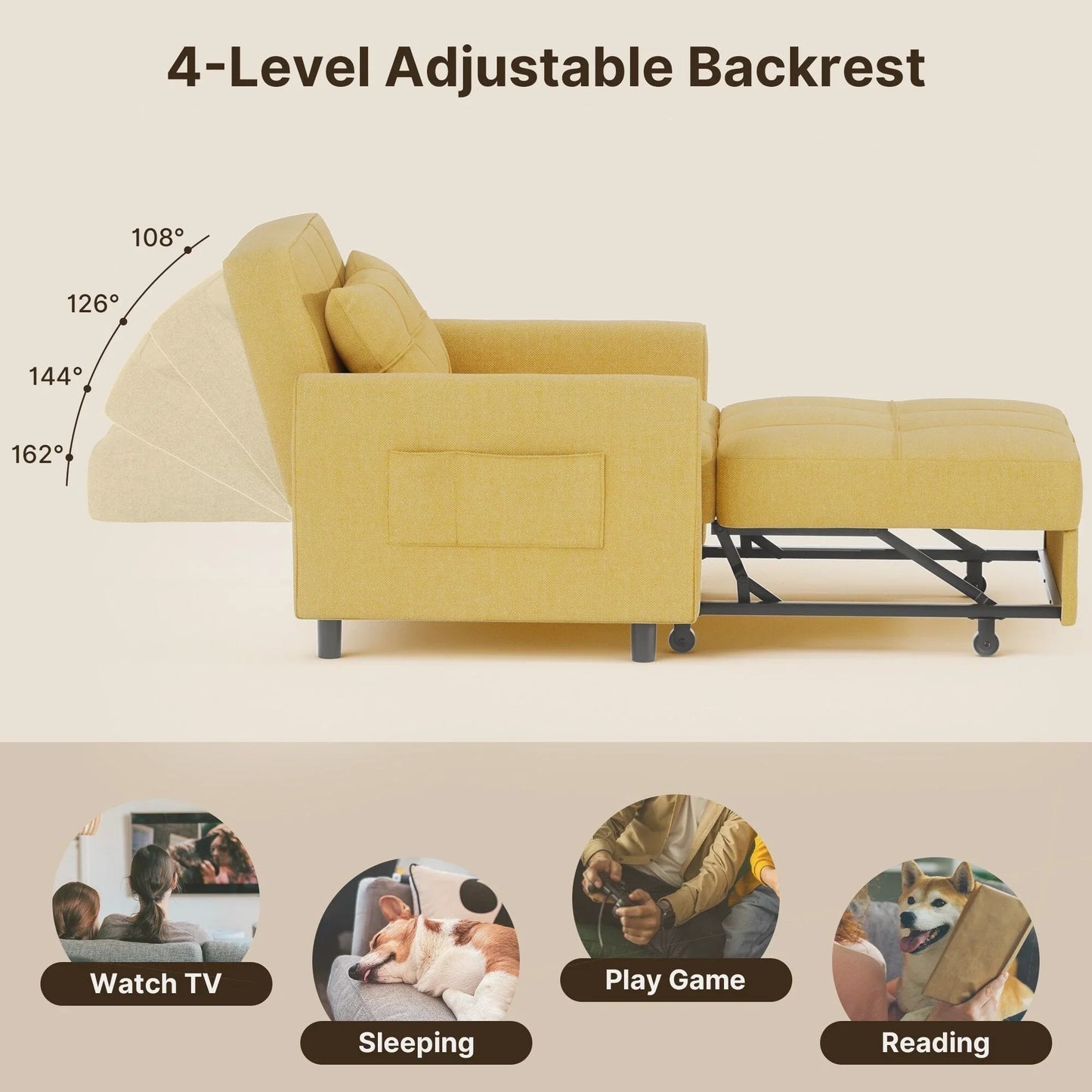 3-in-1 Adjustable Sleeper Sofa Bed, Pull Out Chair Sofa, Convertible Folding Bed for Living Room