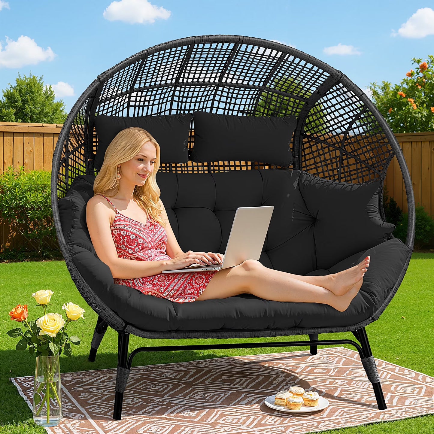 RADIATA Double Egg Chair for 2 Person, Oversized Wicker Loveseat with Thick Cushions, 680 lbs Capacity, Indoor Outdoor Stationary Patio Lounge Chair for Balcony, Garden, Beige
