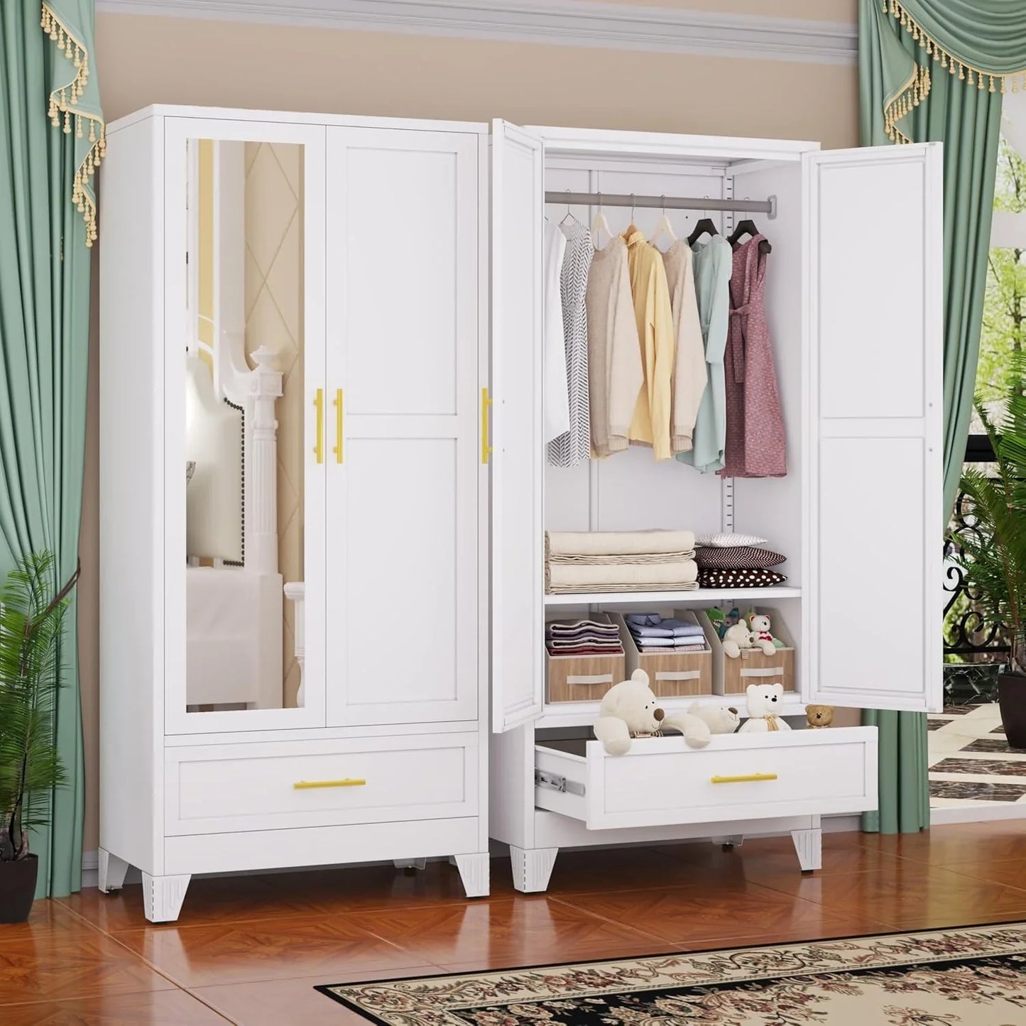 Steel Armoire Wardrobe Closet, 71" Metal Clothing Storage Cabinets
