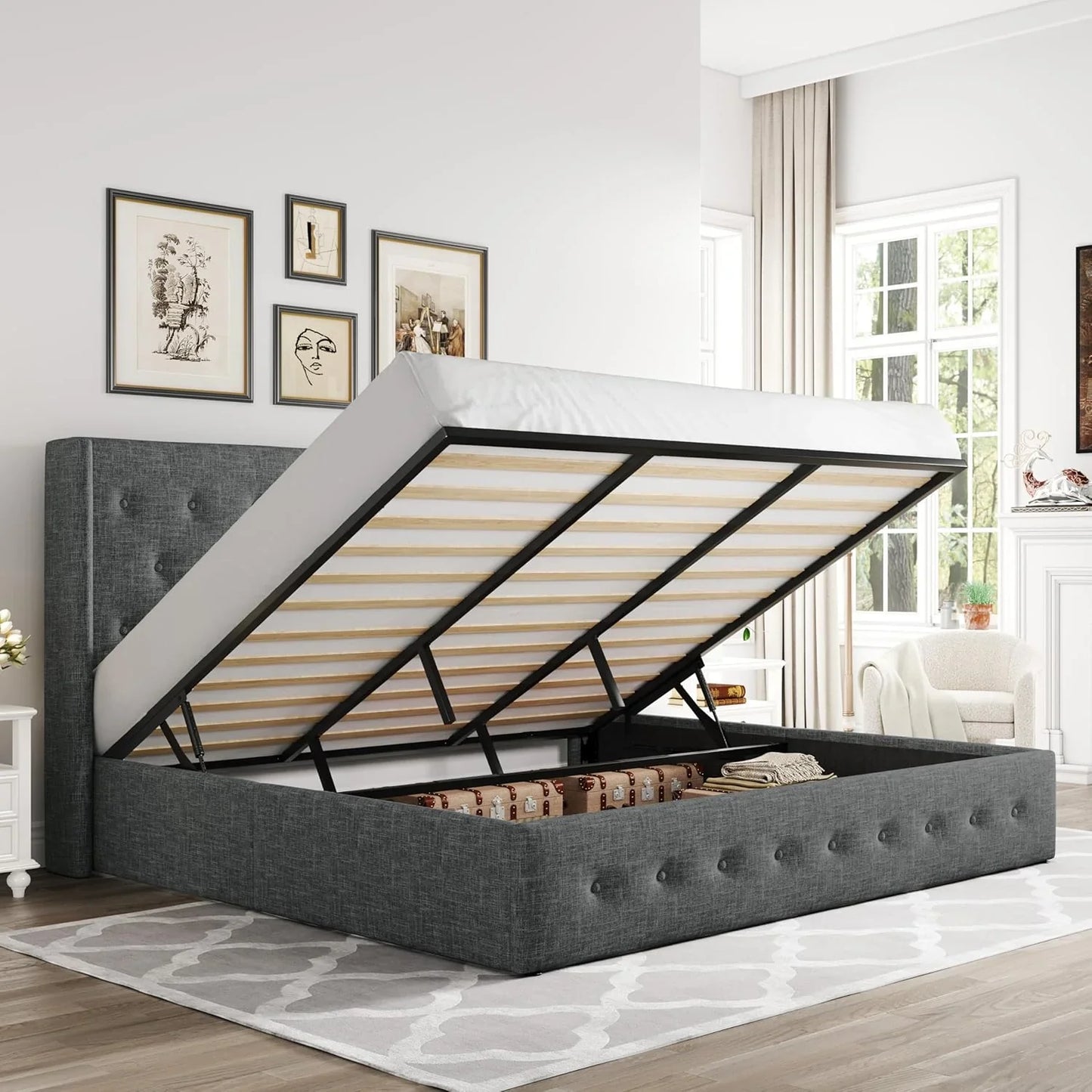 Allewie Queen Size Lift Up Storage Bed, Modern Wingback Headboard, Hydraulic Support, No Box Spring Needed, Light Beige
