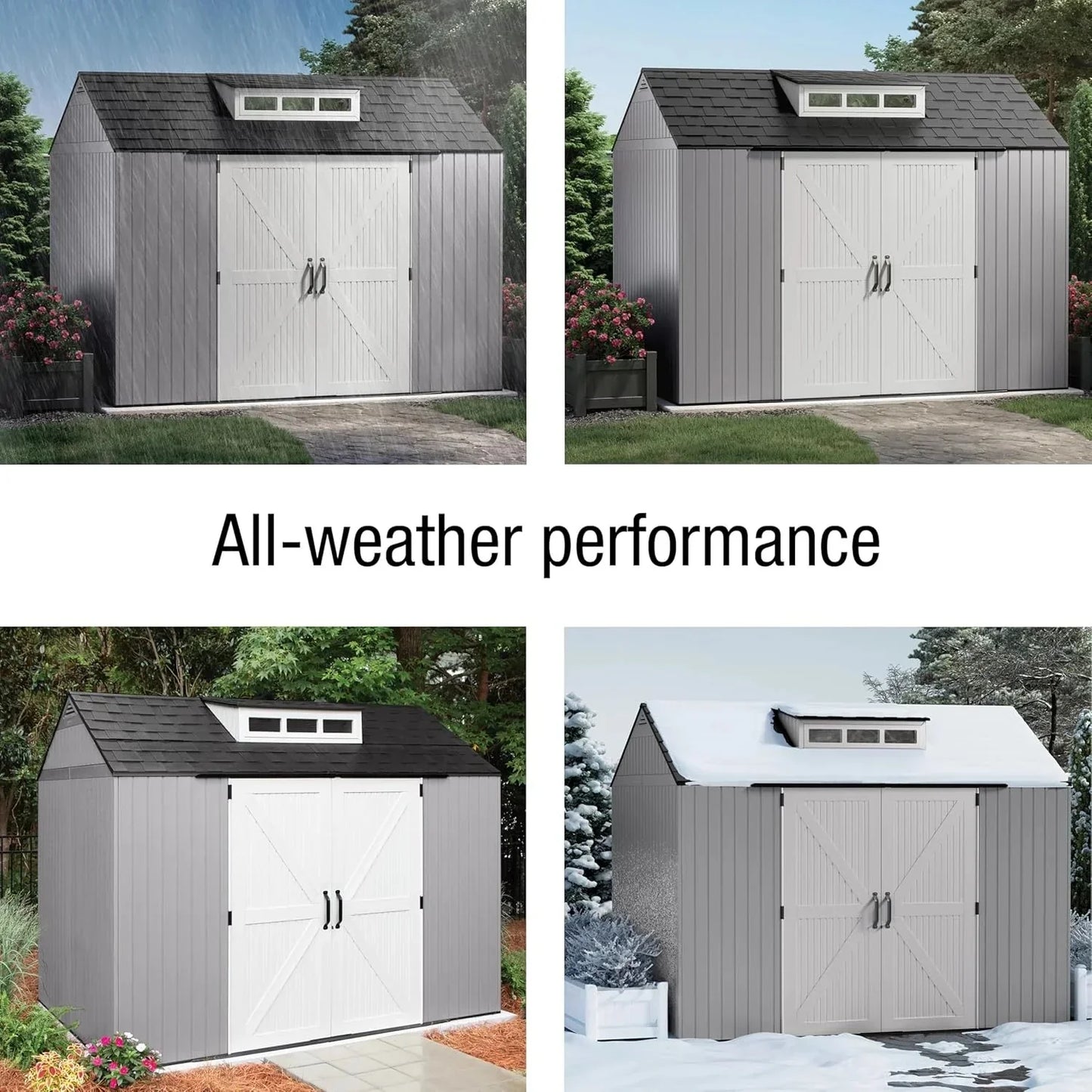 Rubbermaid resin garden shed with floor (2.13 x 2.13 m), weatherproof, grey, for storing garden tools, lawnmowers, bicycles and pool accessories