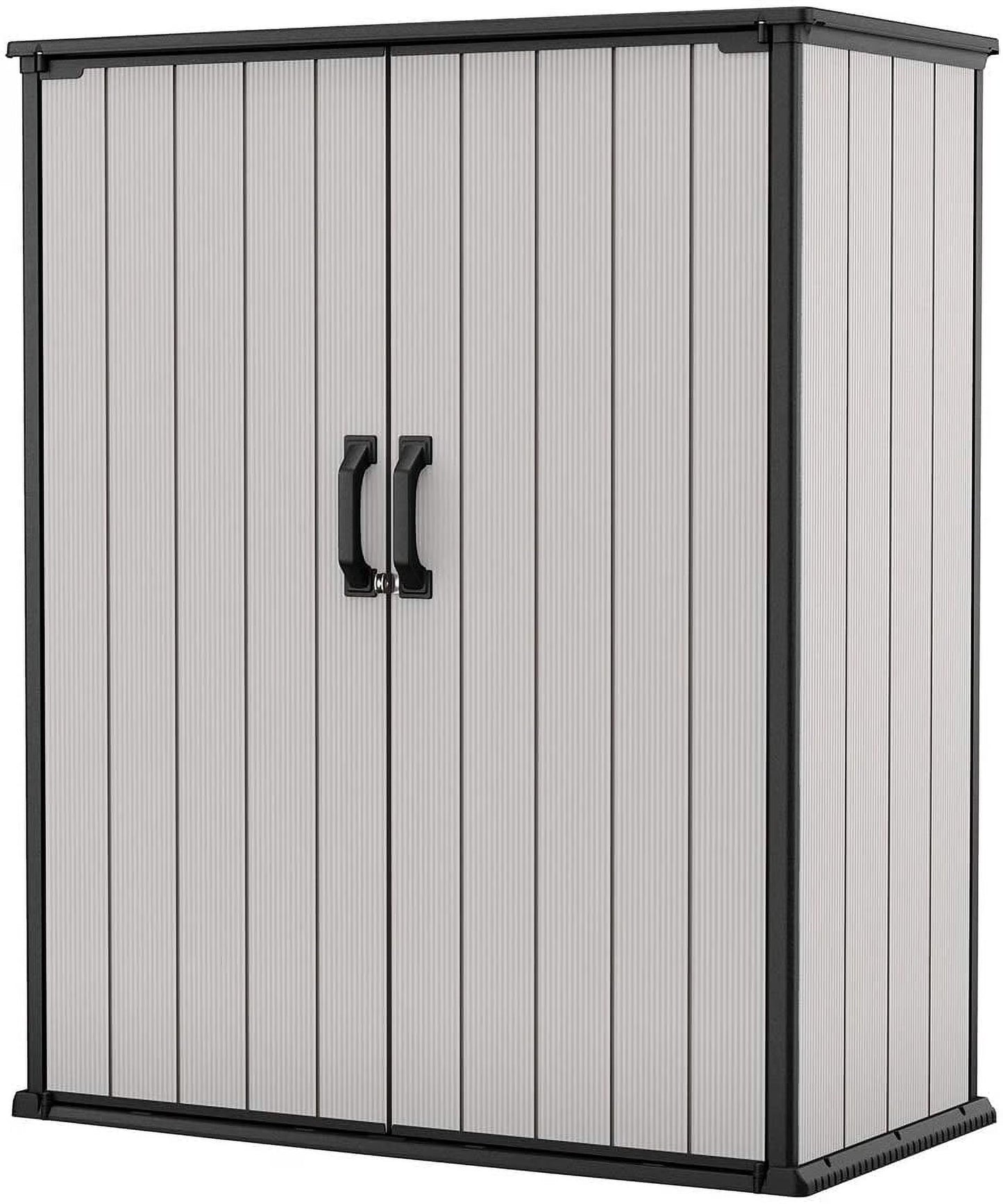 Keter Premier Tall Vertical Durable Resin Outdoor Storage Shed With Floor and Locking Double Doors, Grey