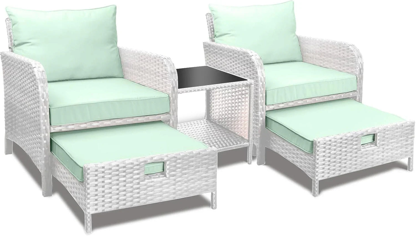 LEVELEVE Balcony Furniture 5 Piece Patio Conversation Set, PE Wicker Rattan Outdoor Lounge Chairs with Soft Cushions 2 Ottoman&Glass Table for Porch, Lawn-Brown Wicker