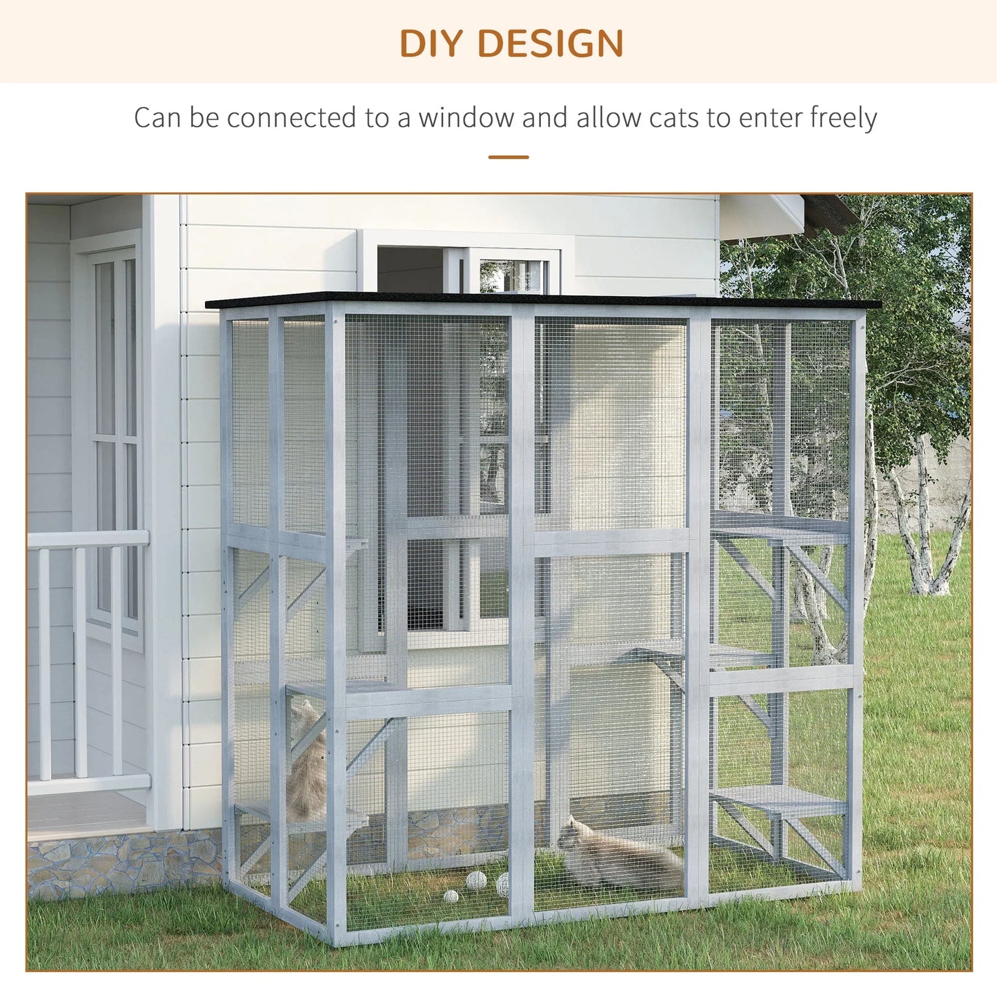 PawHut Wooden Catio Enclosure with Weather Protection, 6 Platforms, Outdoor, Large, 71" x 38.5" x 71"