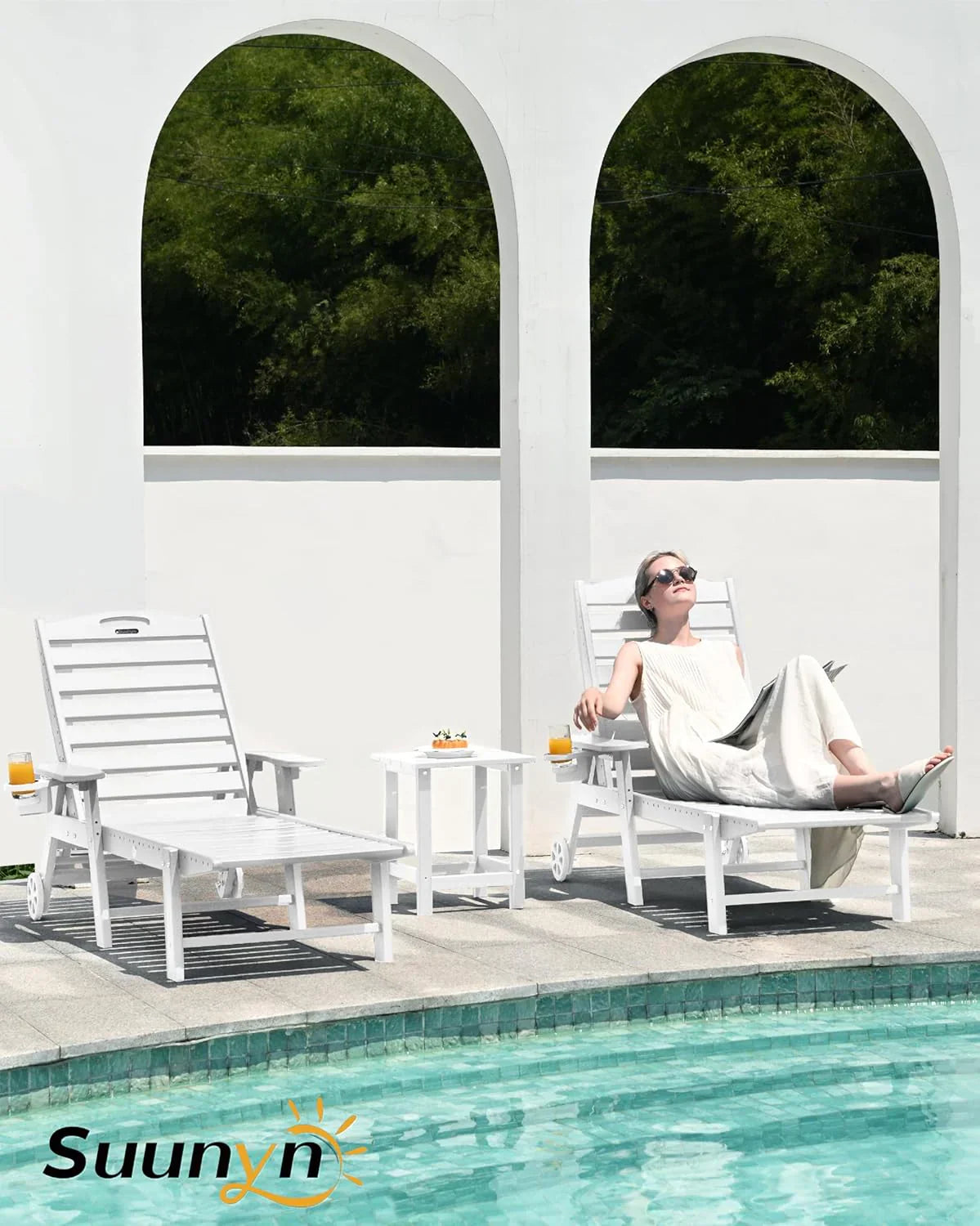 Lounge Chair Outdoor, Chaise Lounge, HDPE 6-Position Outdoor Chaise Lounge, Patio Lounge Chair with Wheels & Cup Holder for Pool Poolside Deck Backyard, Teak