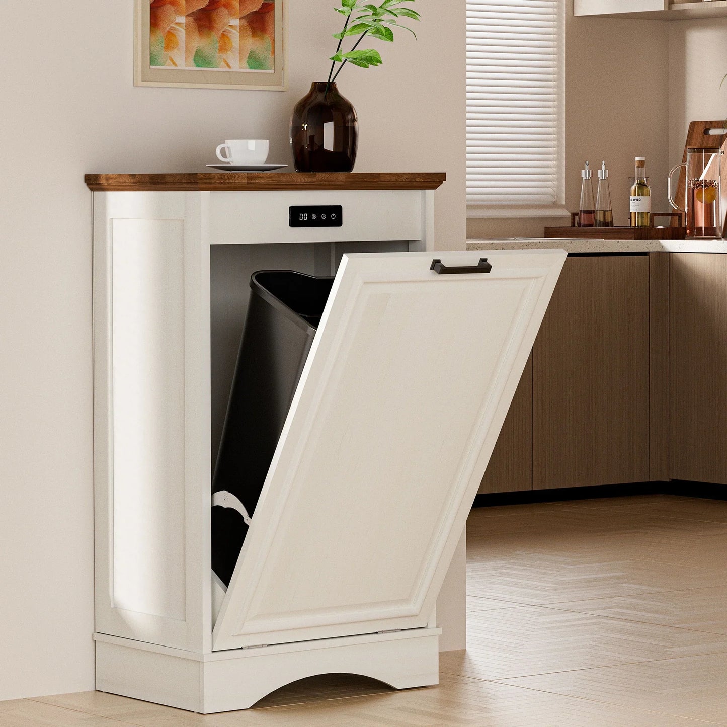 HARIPUL Single Tilt Out Trash Cabinet for 13 Gallon Waste Bin, Free Standing Kitchen Trash Can Cabinet with Drawers, White
