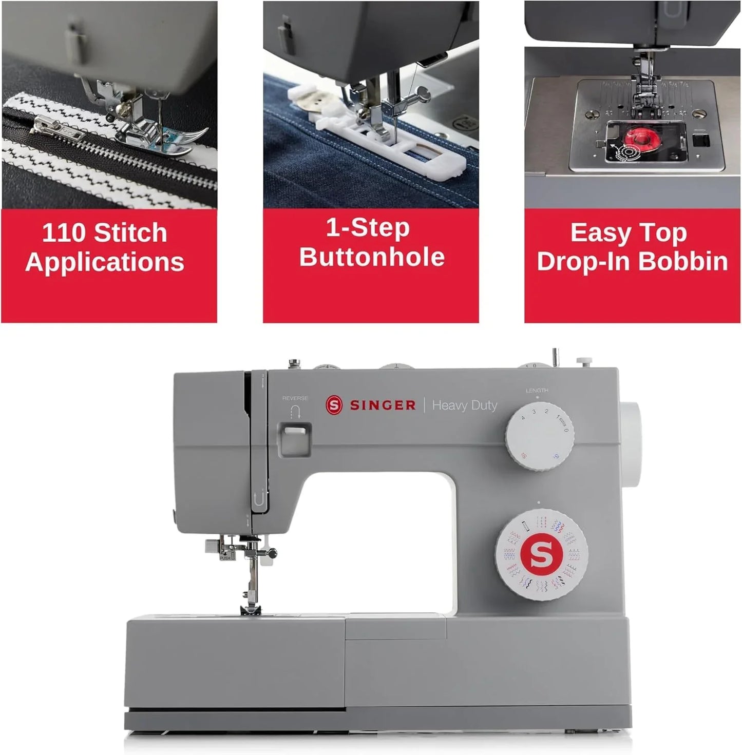 SINGER Heavy Duty 4452 High Speed Sewing Machine With Accessory Kit | Strong Motor with Enhanced Piercing Power, 110 Stitch Applications, Full Metal frame, 1-step Buttonhole & LED Lights