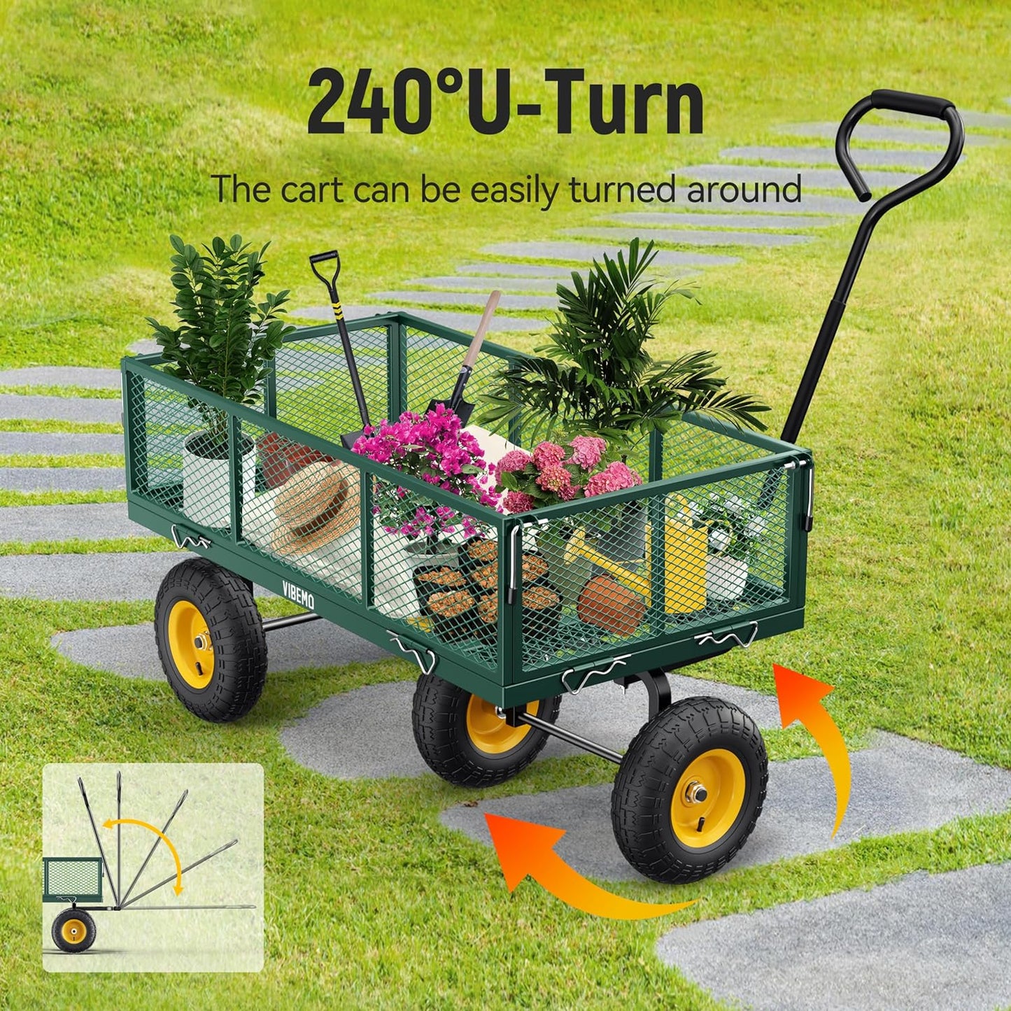 Steel Garden Cart, 2-in-1 1400 lbs Heavy Duty Utility Wagon, with Removable Mesh Sides to Convert into Flatbed, 240 U-Turn 13" Pneumatic Tires Garden Wagon for Farm Yard Lawn Garden Camping