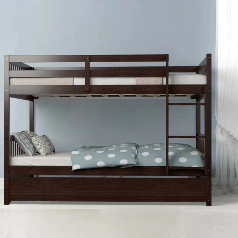 Solid Wood Full Over Full Bunk Bed Frame with Trundle, Safety Ladder & Guardrails, Convertible Bunk Bed for Kids Teens
