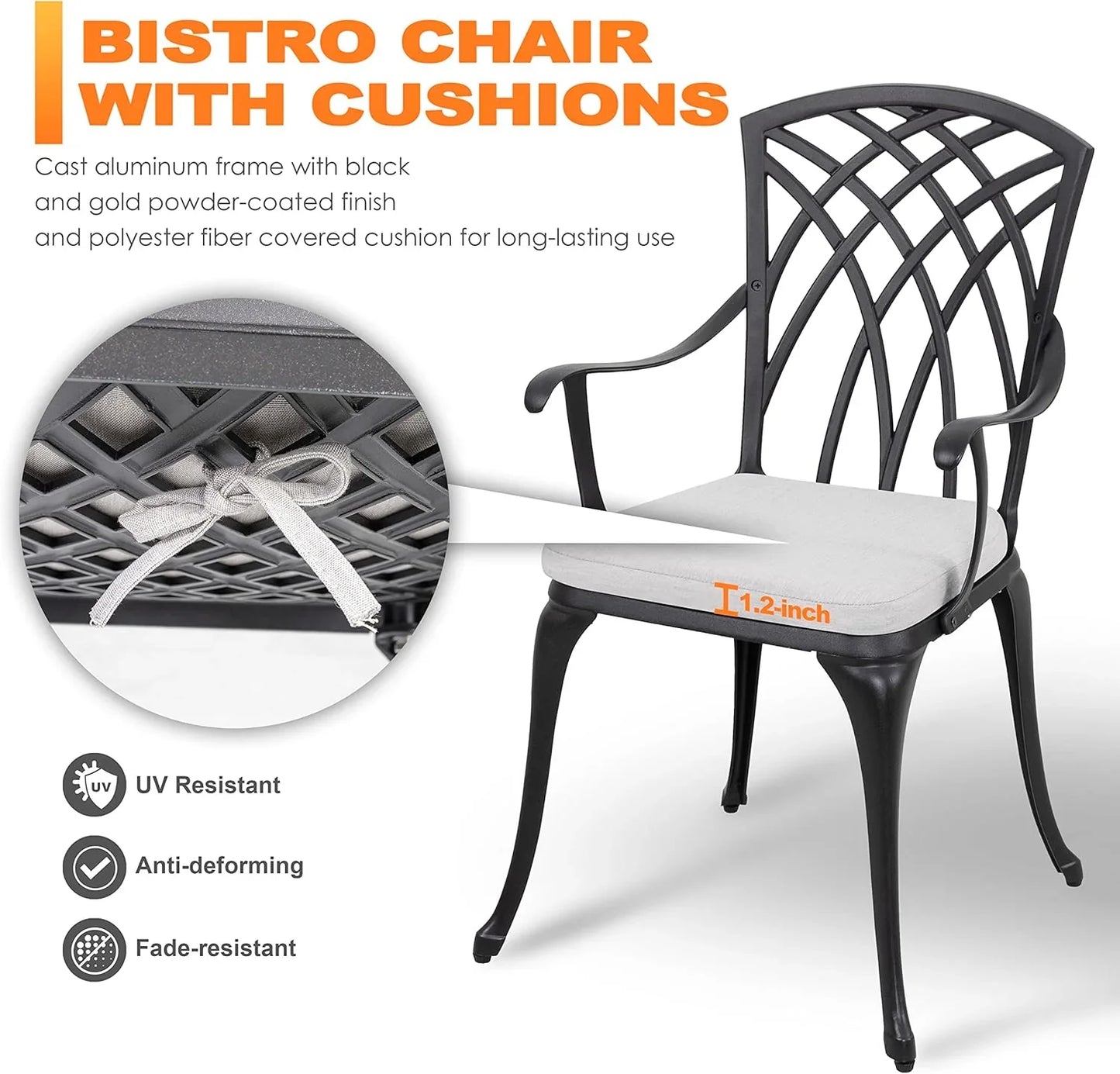 NUU GARDEN Bistro Set 3 Piece Outdoor Cast Aluminum Patio Bistro Set Patio Table and Chairs Set of 2 with Umbrella Hole and Gray Cushions, Black