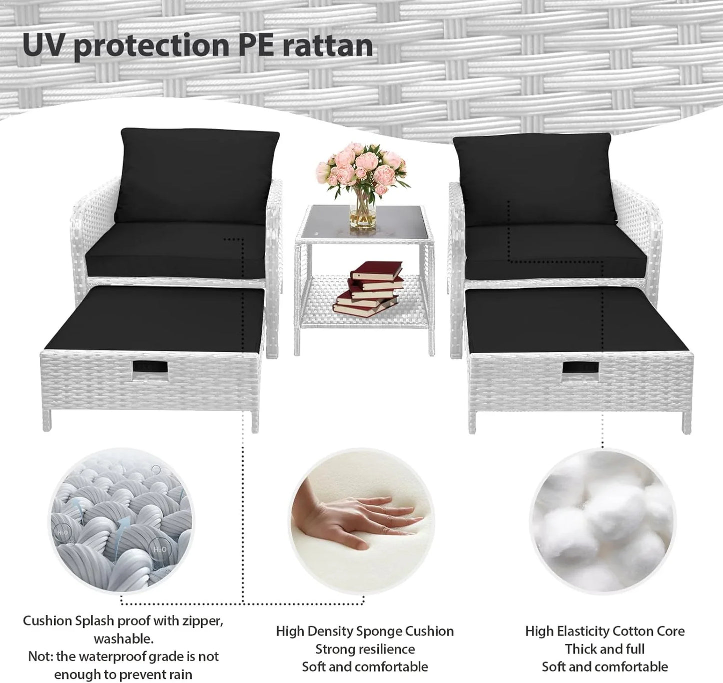 LEVELEVE Balcony Furniture 5 Piece Patio Conversation Set, PE Wicker Rattan Outdoor Lounge Chairs with Soft Cushions 2 Ottoman&Glass Table for Porch, Lawn-Brown Wicker