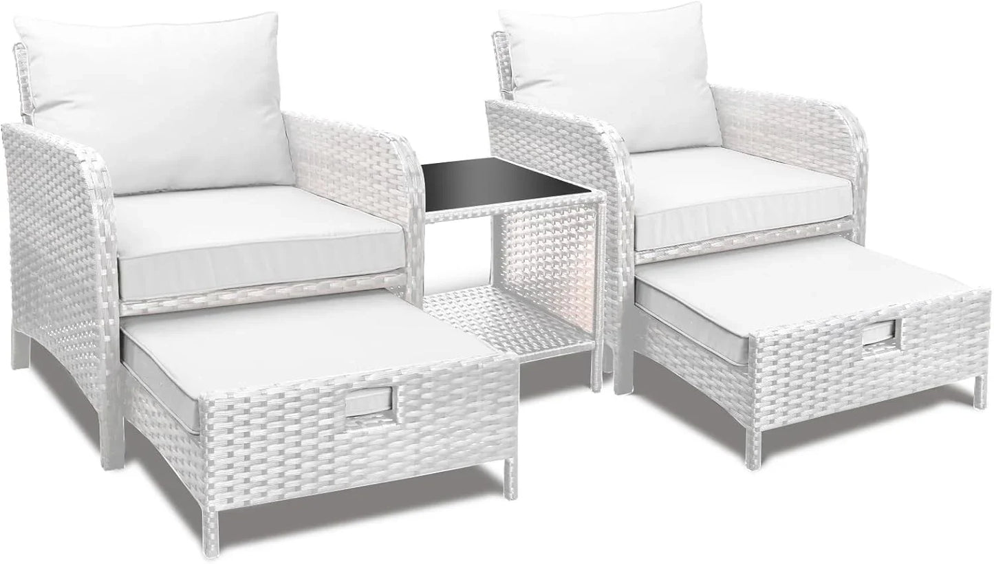 LEVELEVE Balcony Furniture 5 Piece Patio Conversation Set, PE Wicker Rattan Outdoor Lounge Chairs with Soft Cushions 2 Ottoman&Glass Table for Porch, Lawn-Brown Wicker
