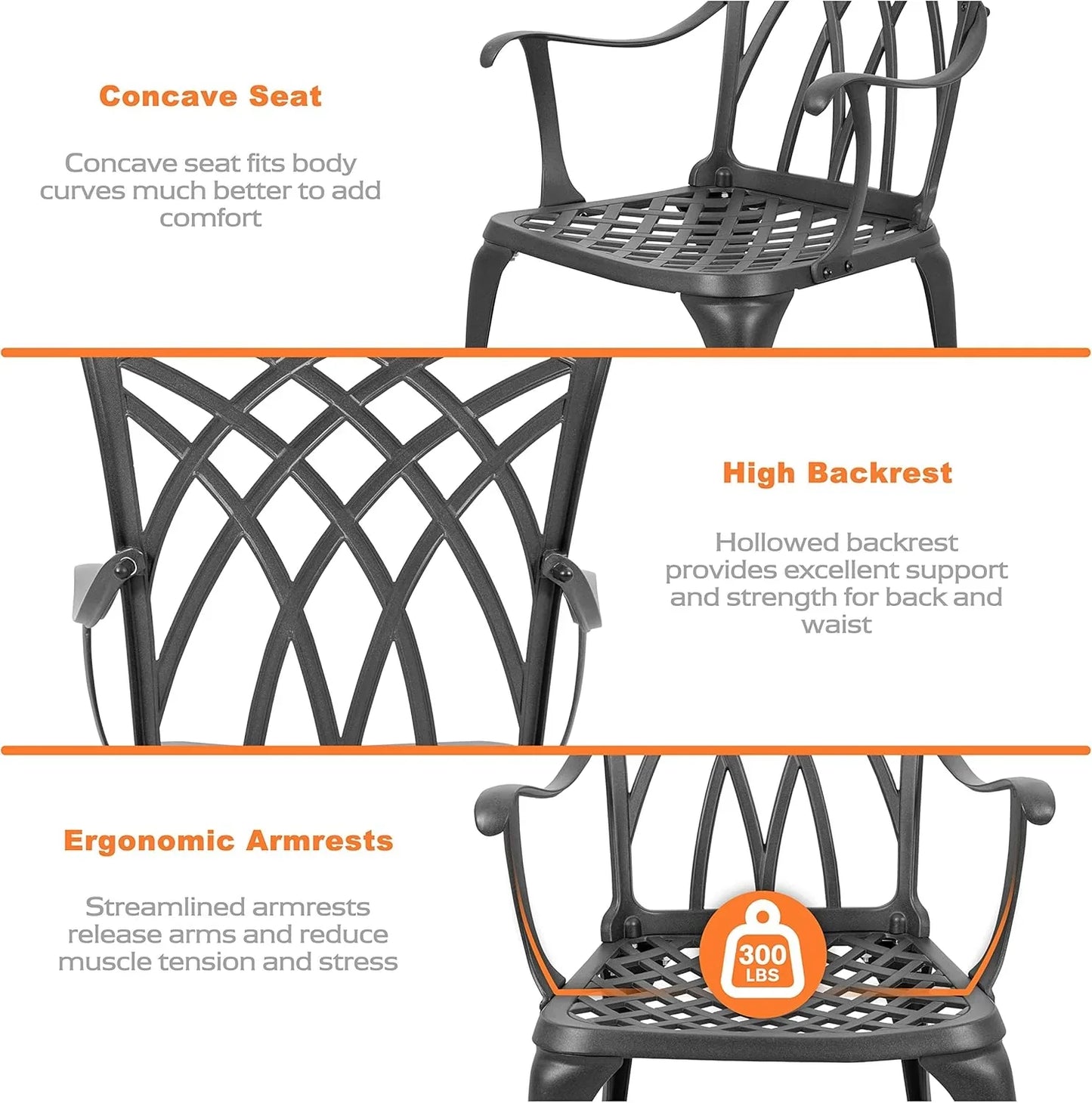 NUU GARDEN Bistro Set 3 Piece Outdoor Cast Aluminum Patio Bistro Set Patio Table and Chairs Set of 2 with Umbrella Hole and Gray Cushions, Black
