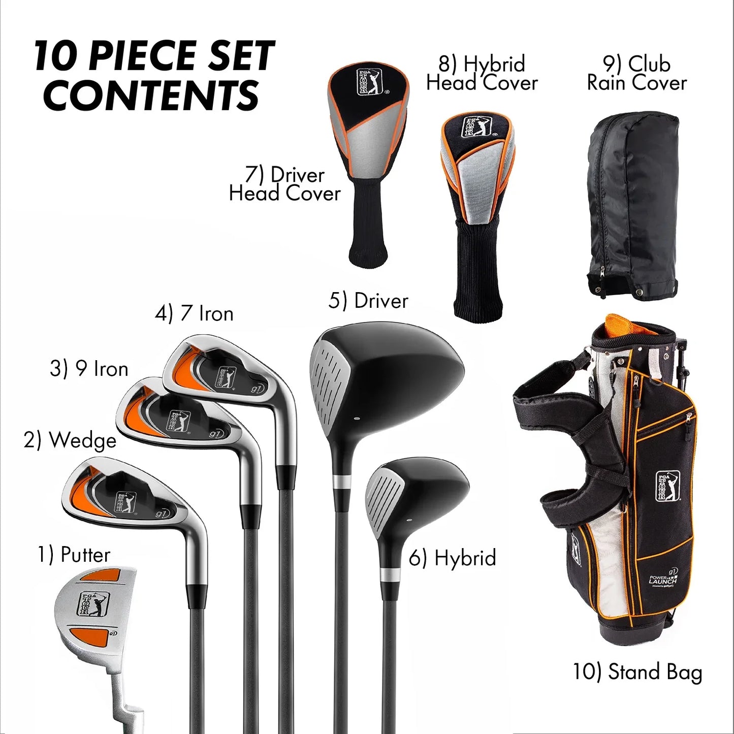PGA Tour Right-Handed 10 Piece Kids Golf Club Stand Bag Set; Player Height 4'8 - 5'2", Ages 8-12