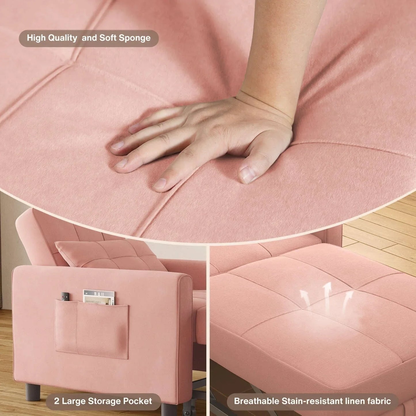 3-in-1 Adjustable Sleeper Sofa Bed, Pull Out Chair Sofa, Convertible Folding Bed for Living Room