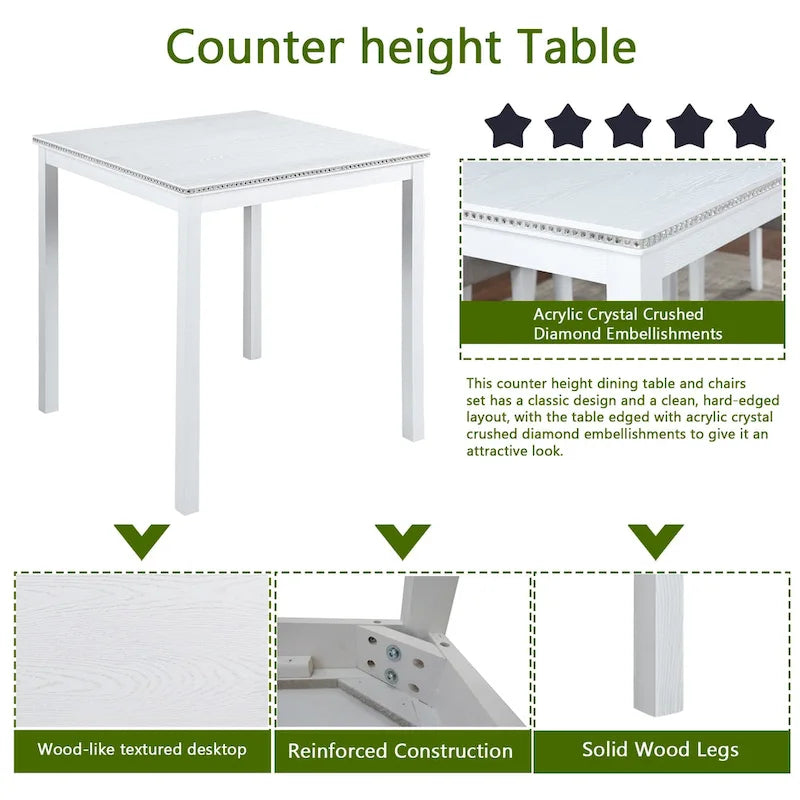 Modern 5-Piece Dining Set with Square Counter Height Table & 4 Upholstered Chairs