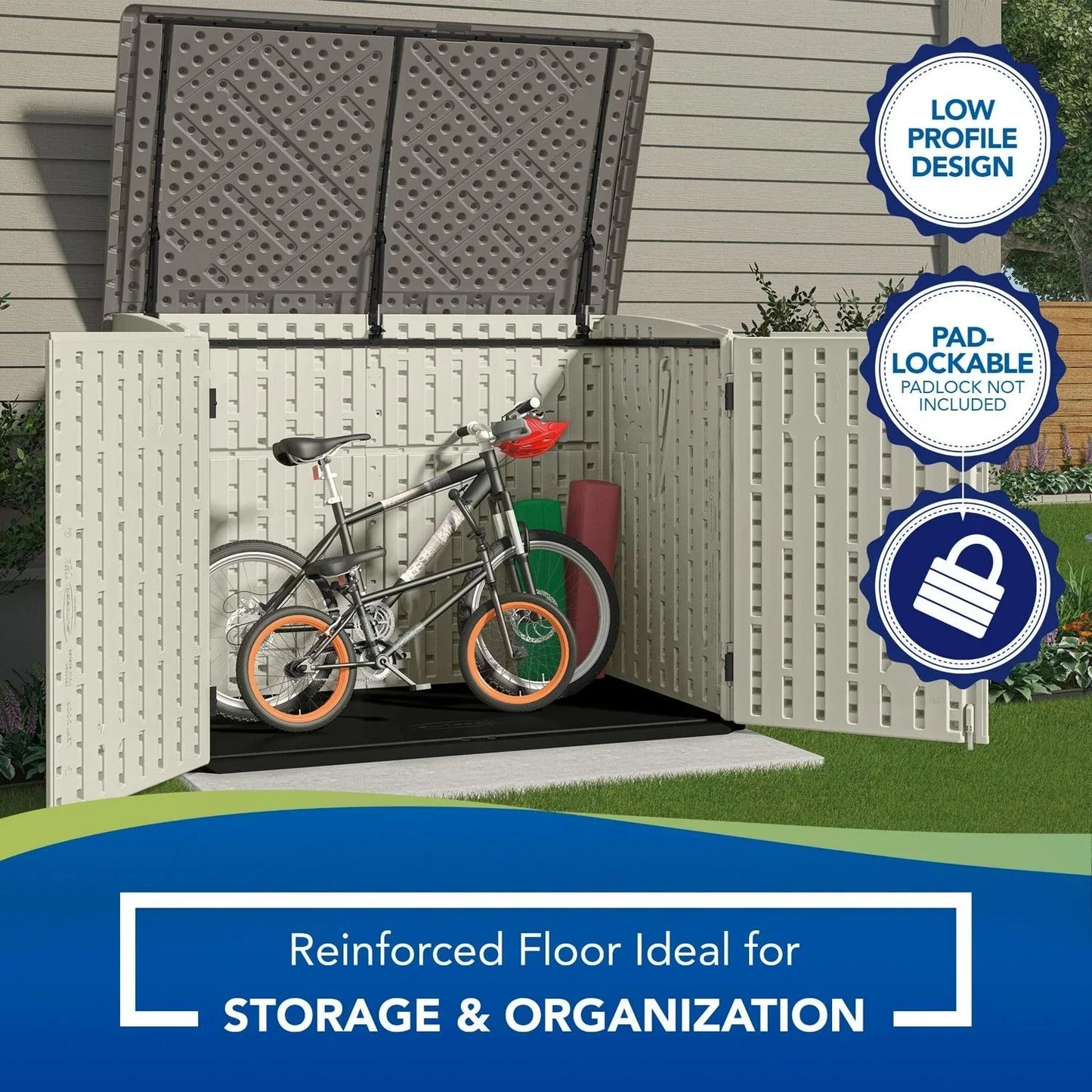 Suncast BMS4700 Resin Storage Shed, Off-White/Gray, 70.5W x 44.25D x 52H, Double Door, UV Resistant