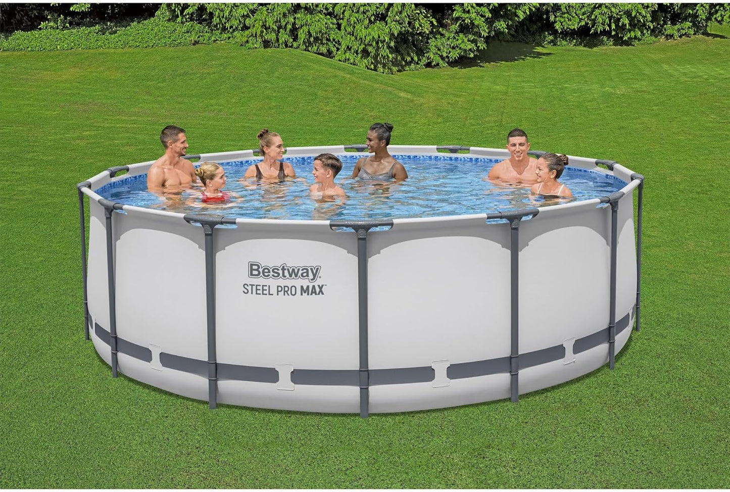 Steel Pro MAX 14 Foot x 48 Inch Round Metal Frame Above Ground Outdoor Swimming Pool Set with 1,000 Filter Pump, Ladder, and Cover, Gray