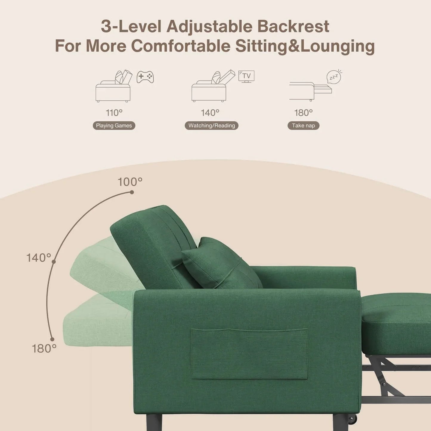 3-in-1 Adjustable Sleeper Sofa Bed, Pull Out Chair Sofa, Convertible Folding Bed for Living Room