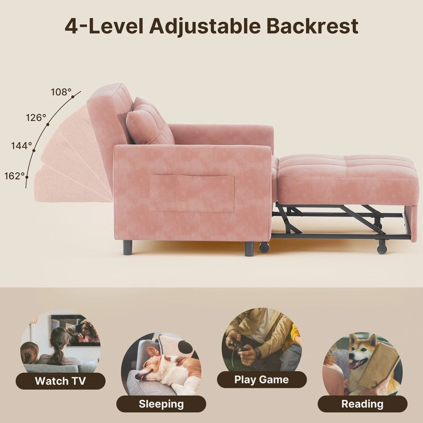 3-in-1 Adjustable Sleeper Sofa Bed, Pull Out Chair Sofa, Convertible Folding Bed for Living Room