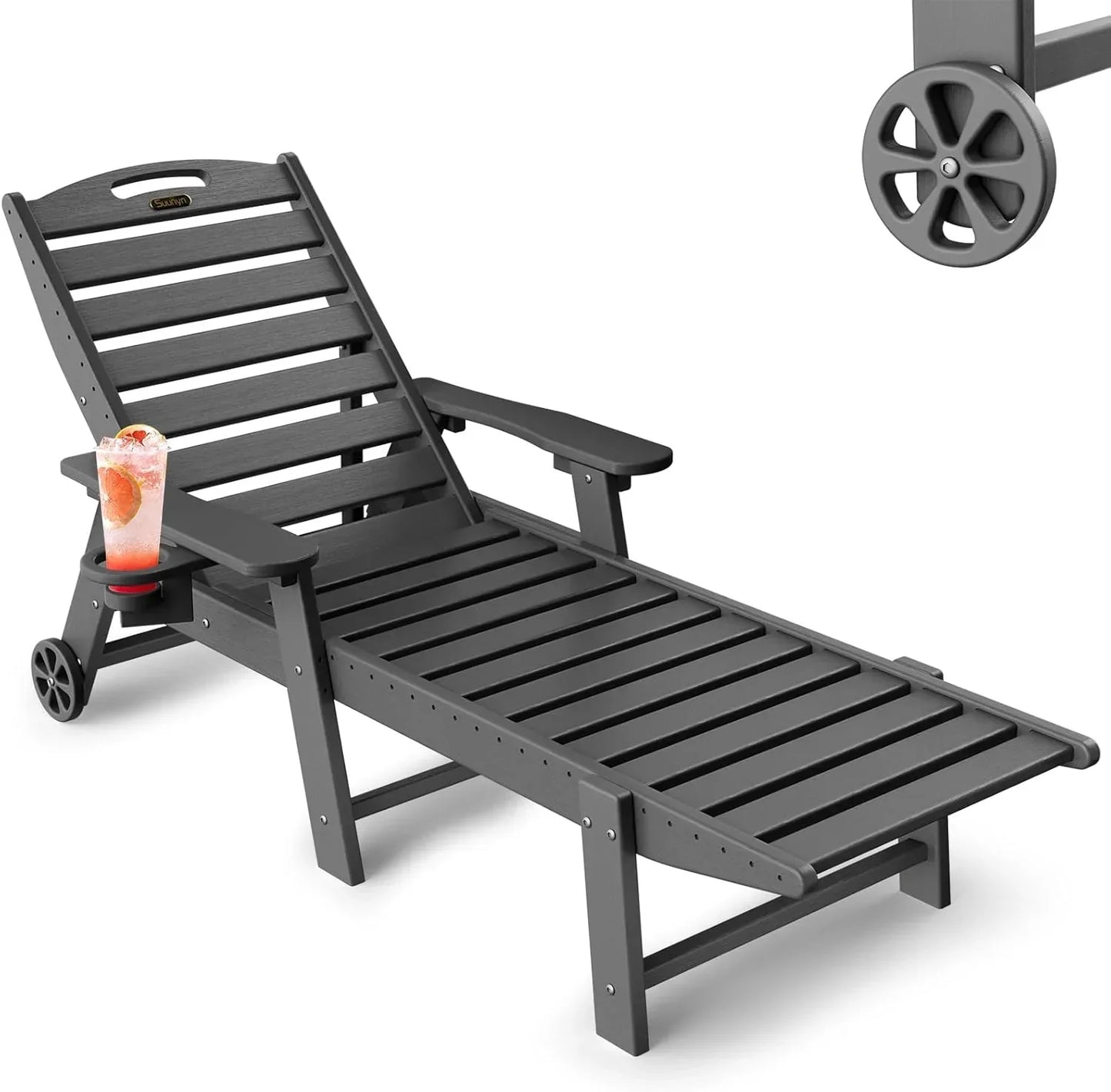 Lounge Chair Outdoor, Chaise Lounge, HDPE 6-Position Outdoor Chaise Lounge, Patio Lounge Chair with Wheels & Cup Holder for Pool Poolside Deck Backyard, Teak