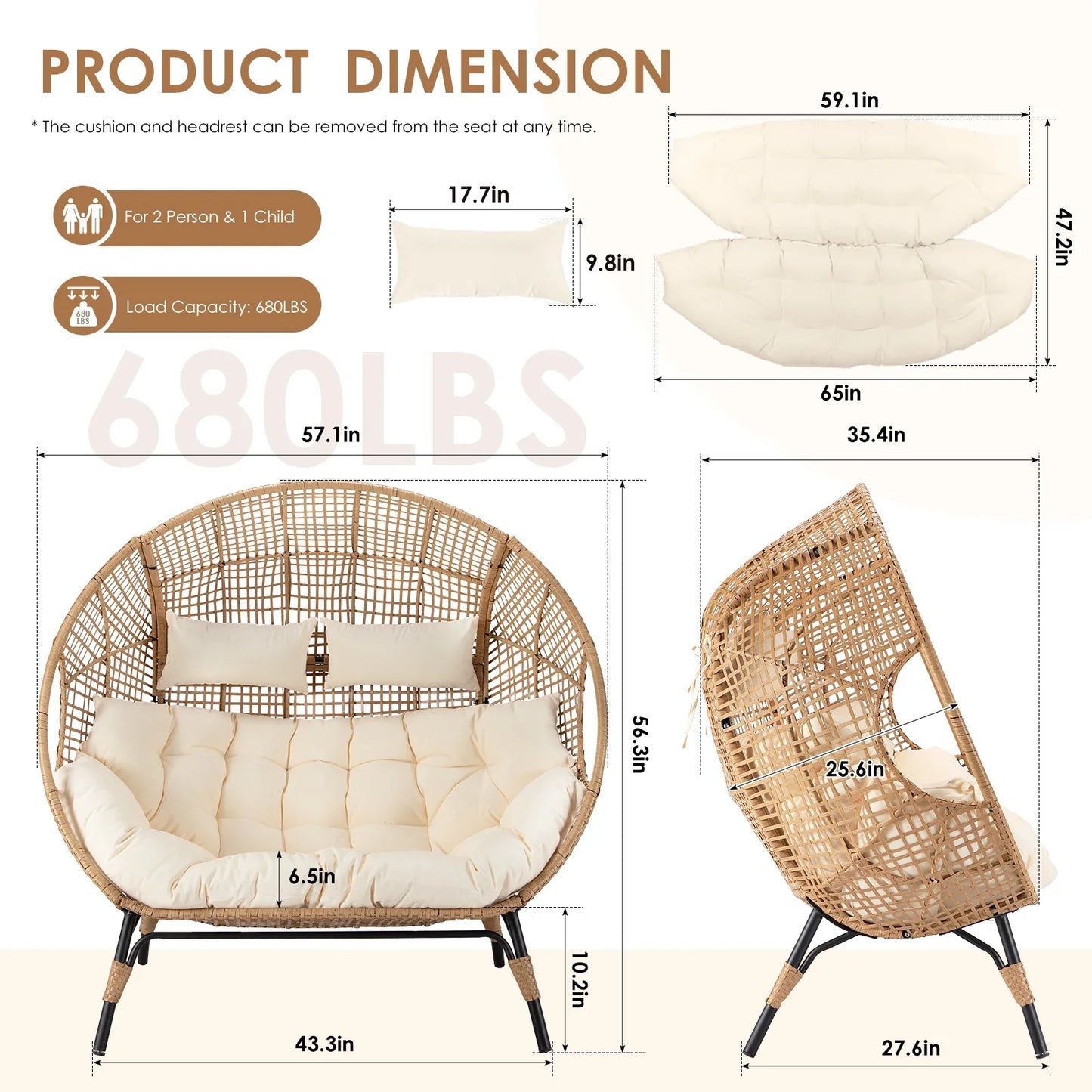 RADIATA Double Egg Chair for 2 Person, Oversized Wicker Loveseat with Thick Cushions, 680 lbs Capacity, Indoor Outdoor Stationary Patio Lounge Chair for Balcony, Garden, Beige